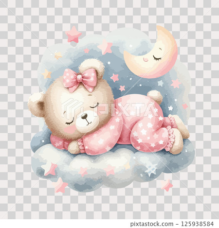 Watercolor sleeping teddy bear on cloud around the stars in pink pajamas on transparent background. 125938584