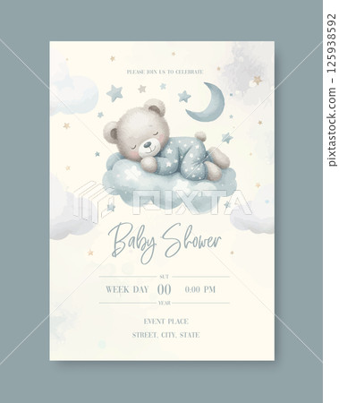 Watercolor New born baby shower invitation. Greeting card with sleeping teddy bear on cloud around the stars in blue pajamas. 125938592
