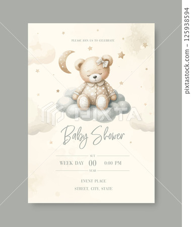Watercolor New born baby shower invitation. Greeting card with sleeping teddy bear on cloud around the stars. 125938594