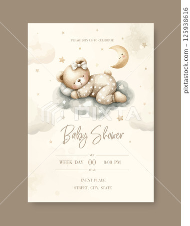 Watercolor New born baby shower invitation. Greeting card with sleeping teddy bear on cloud around the stars in beige pajamas. Watercolor New born baby shower invitation. Greeting card with sleeping teddy bear on cloud around the stars in beige pajamas. 125938616
