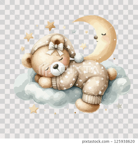 Watercolor sleeping teddy bear on cloud around the stars in beige pajamas on transparent background. 125938620