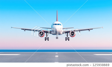 Passenger airplane landing on runway by the sea during sunrise or sunset golden hour 125938669