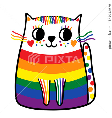 Cute hand drawn vector cat in rainbow pride flag colors, colorful fun cartoon animal illustration design 125938676