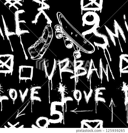 Seamless pattern with charcoal graffiti, doodles, punk and skateboards and text. Pencil drawn icons. 125939265