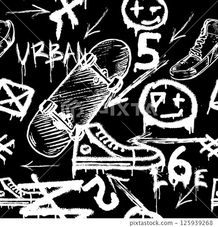Seamless pattern with charcoal graffiti, doodles, punk and skateboards and text. Pencil drawn icons. 125939268