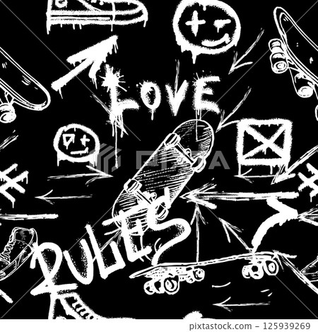 Seamless pattern with charcoal graffiti, doodles, punk and skateboards and text. Pencil drawn icons. 125939269