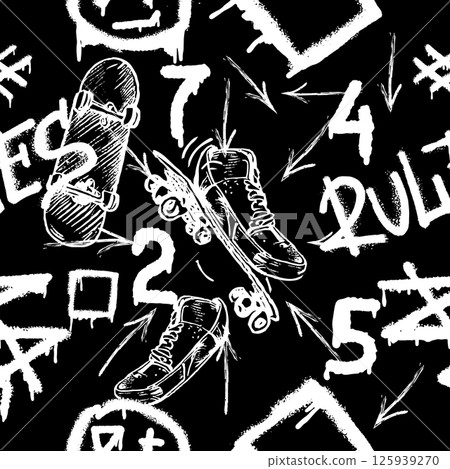 Seamless pattern with charcoal graffiti, doodles, punk and skateboards and text. Pencil drawn icons. Seamless pattern with charcoal graffiti, doodles, punk and skateboards and text. Pencil drawn icons. 125939270