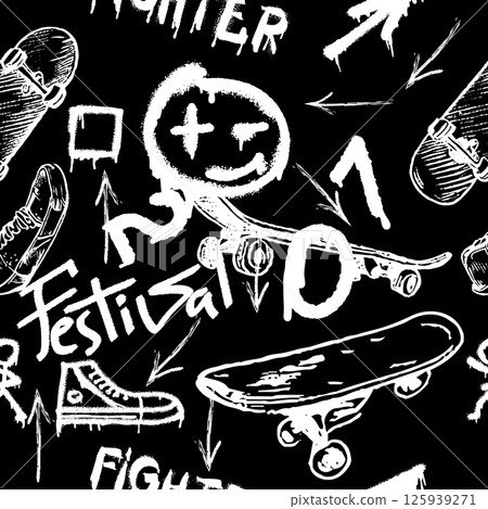 Seamless pattern with charcoal graffiti, doodles, punk and skateboards and text. Pencil drawn icons. Seamless pattern with charcoal graffiti, doodles, punk and skateboards and text. Pencil drawn icons. 125939271