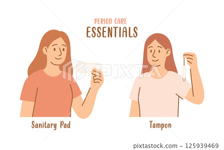 Menstrual Hygiene Products Infographic. Flat Cartoon Vector Illustration of Woman Holding Sanitary Pad and Tampon. Period Care Essentials Educational Graphic for Womens Health Concept 125939469