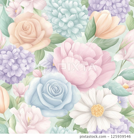 Seamless floral pattern with soft pastel roses, peonies, daisies, and hydrangeas creating delicate and calming garden design Seamless floral pattern with soft pastel roses, peonies, daisies, and hydrangeas creating delicate and calming garden design 125939546