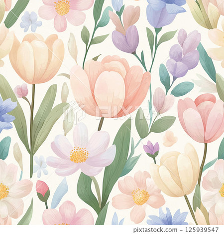 Seamless floral pattern with soft pastel tulip and daisy flowers, green leaves, and gentle purple blossoms creating calm and delicate design 125939547