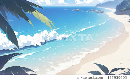 美麗的藍色熱帶海洋與白色波浪的插圖 125939603