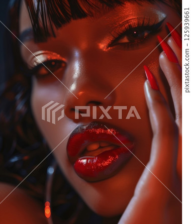 Close-up of a model with vibrant red lips and striking makeup, illuminated by warm lighting and dramatic shadows in a studio setting 125939661