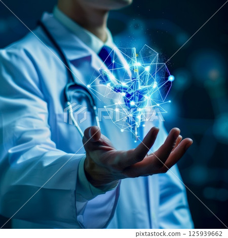 A doctor utilizes advanced technology to analyze data in a futuristic medical environment 125939662