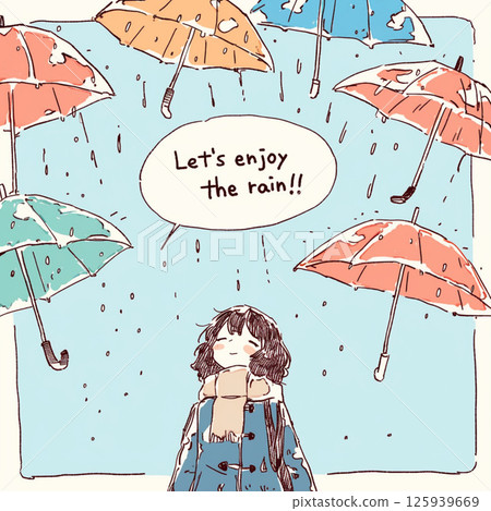 很多雨傘和“讓我們享受雨吧！！” 125939669