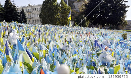 Many small blue-yellow flags with names of the dead war against russia. Memorial of the fallen soldiers, children, women in the capital of Ukraine. Concept of tragedy and misfortune. Close up 125939753