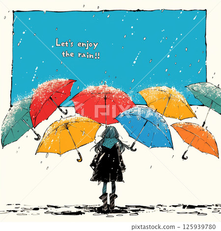 許多雨傘和“讓我們享受雨吧！！”的字樣。 125939780
