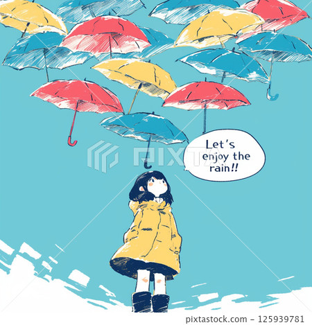 許多雨傘和“讓我們享受雨吧！！”的字樣。 125939781