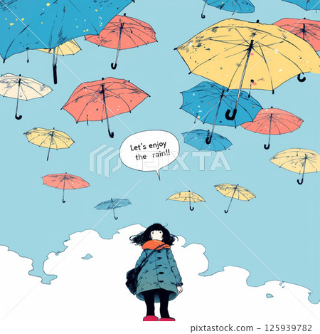 許多雨傘和“讓我們享受雨吧！！”的字樣。 125939782