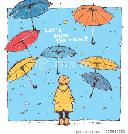 許多雨傘和“讓我們享受雨吧！！”的字樣。 125939783