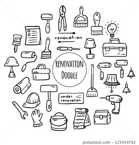 Doodle Construction tools set. Illustration of building and renovation. 125939792