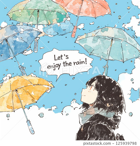 許多雨傘和“讓我們享受雨吧！！”的字樣。 125939798