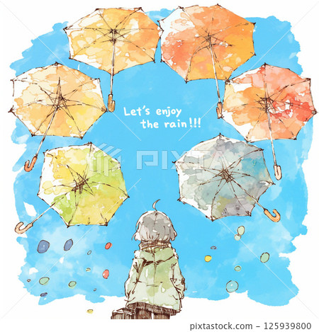 許多雨傘和“讓我們享受雨吧!!”的字樣。 許多雨傘和“讓我們享受雨吧!!”的字樣。 125939800