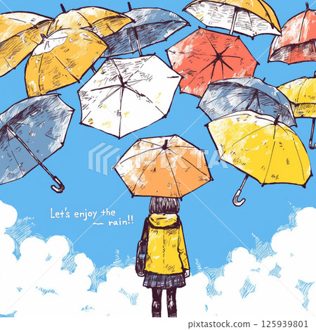 許多雨傘和“讓我們享受雨吧！！”的字樣。 125939801