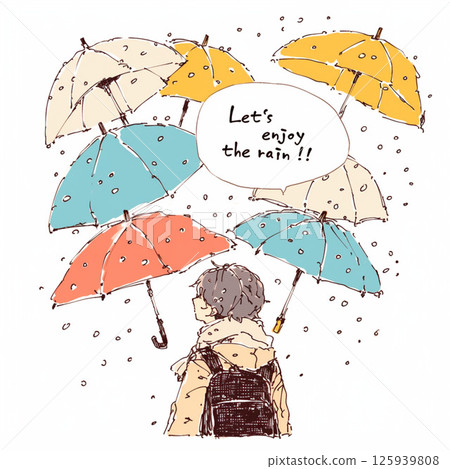 許多雨傘和“讓我們享受雨吧！！”的字樣。 125939808