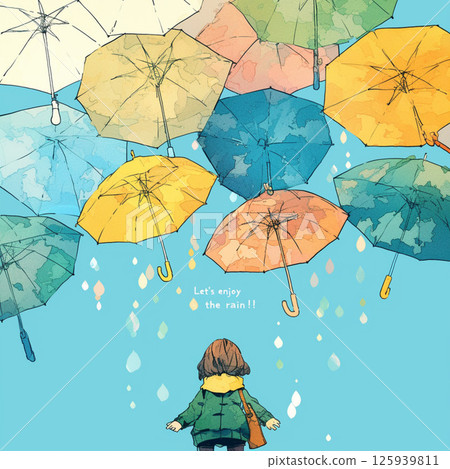 許多雨傘和“讓我們享受雨吧！！”的字樣。 125939811