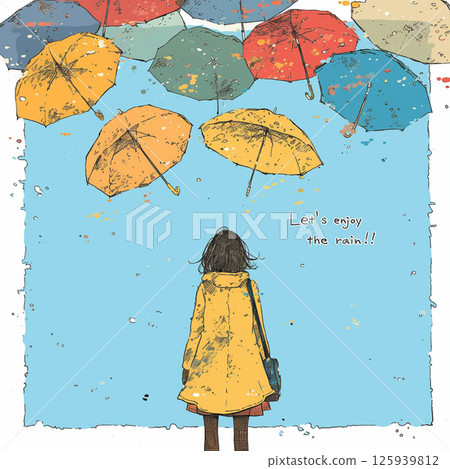 許多雨傘和“讓我們享受雨吧！！”的字樣。 125939812