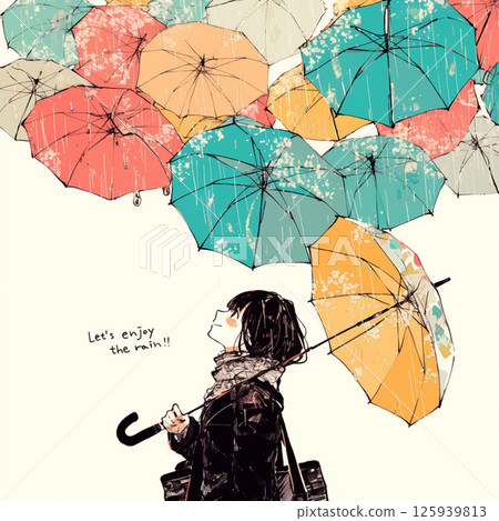 許多雨傘和“讓我們享受雨吧！！”的字樣。 125939813