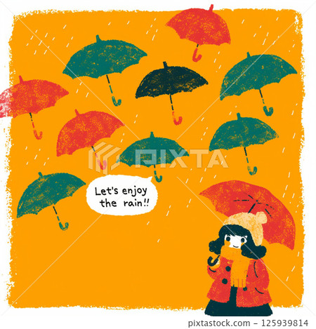 許多雨傘和“讓我們享受雨吧！！”的字樣。 125939814