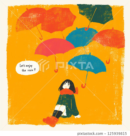 許多雨傘和“讓我們享受雨吧！！”的字樣。 125939815