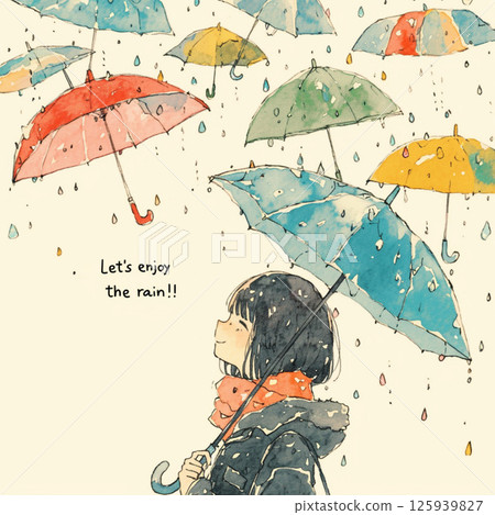 許多雨傘和“讓我們享受雨吧！！”的字樣。 125939827