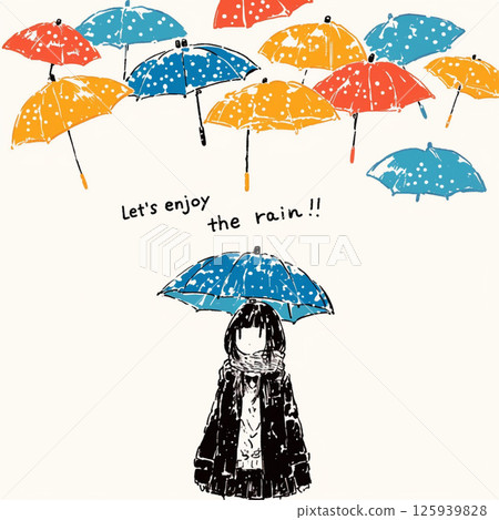 許多雨傘和“讓我們享受雨吧！！”的字樣。 125939828