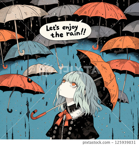 許多雨傘和“讓我們享受雨吧！！”的字樣。 125939831