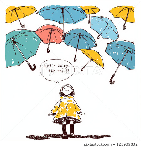 許多雨傘和“讓我們享受雨吧！！”的字樣。 125939832