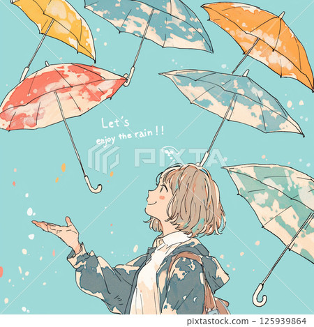許多雨傘和“讓我們享受雨吧！！”的字樣。 125939864