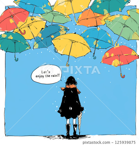 許多雨傘和“讓我們享受雨吧！！”的字樣。 125939875
