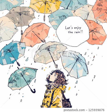 許多雨傘和“讓我們享受雨吧！！”的字樣。 125939876
