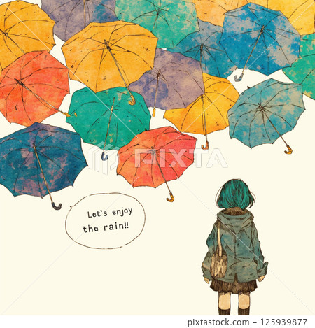 許多雨傘和“讓我們享受雨吧！！”的字樣。 125939877