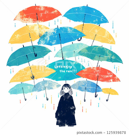 許多雨傘和“讓我們享受雨吧！！”的字樣。 125939878