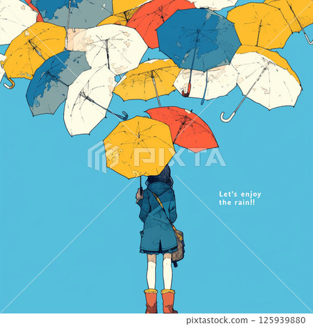 許多雨傘和“讓我們享受雨吧！！”的字樣。 125939880