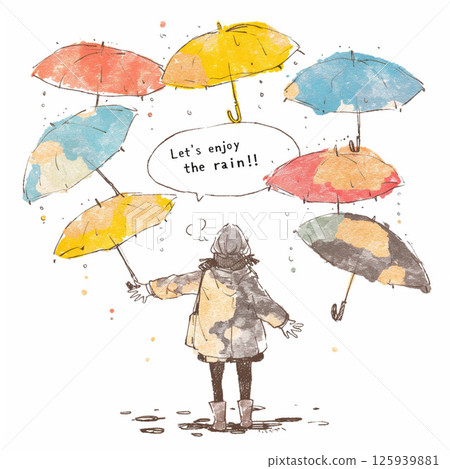 許多雨傘和“讓我們享受雨吧！！”的字樣。 125939881