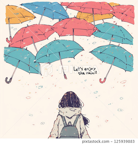 許多雨傘和“讓我們享受雨吧！！”的字樣。 125939883