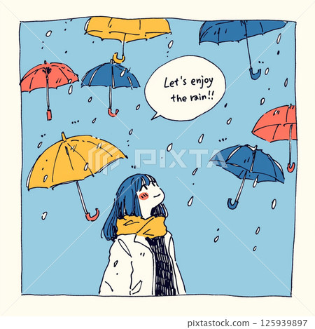 許多雨傘和“讓我們享受雨吧！！”的字樣。 125939897