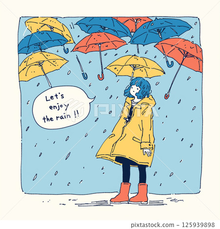 許多雨傘和“讓我們享受雨吧！！”的字樣。 125939898