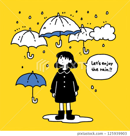 許多雨傘和“讓我們享受雨吧！！”的字樣。 125939903