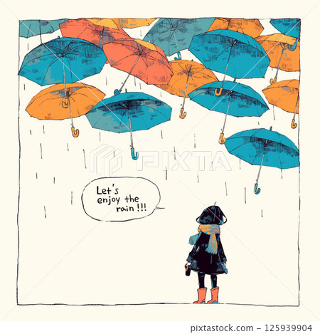 許多雨傘和“讓我們享受雨吧！！”的字樣。 125939904